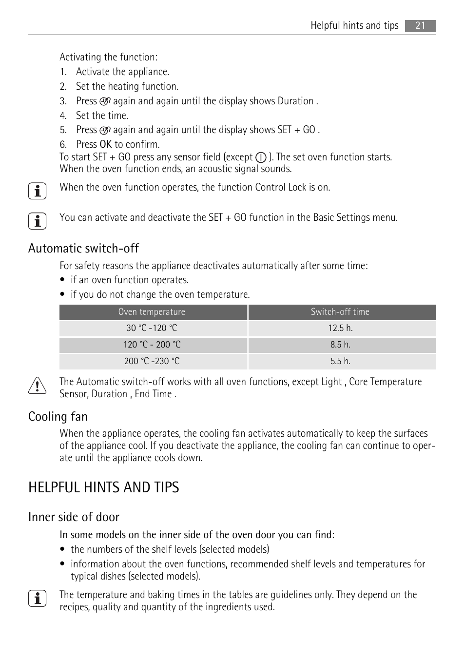 Helpful hints and tips, Automatic switch-off, Cooling fan | Inner side of door | AEG BS9304001 User Manual | Page 21 / 28