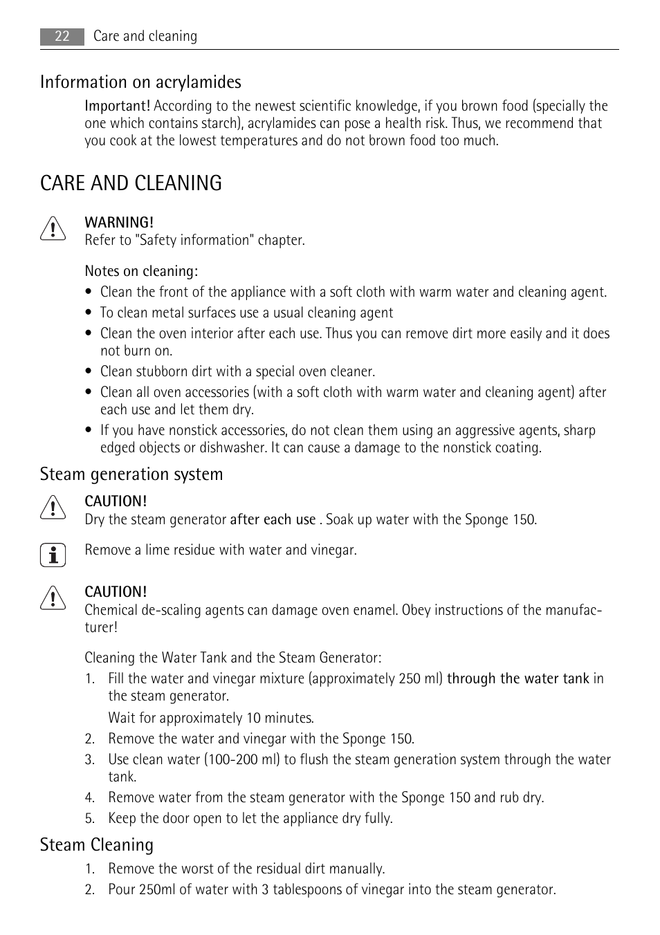 Care and cleaning, Information on acrylamides, Steam generation system | Steam cleaning | AEG BS9304001 User Manual | Page 22 / 28