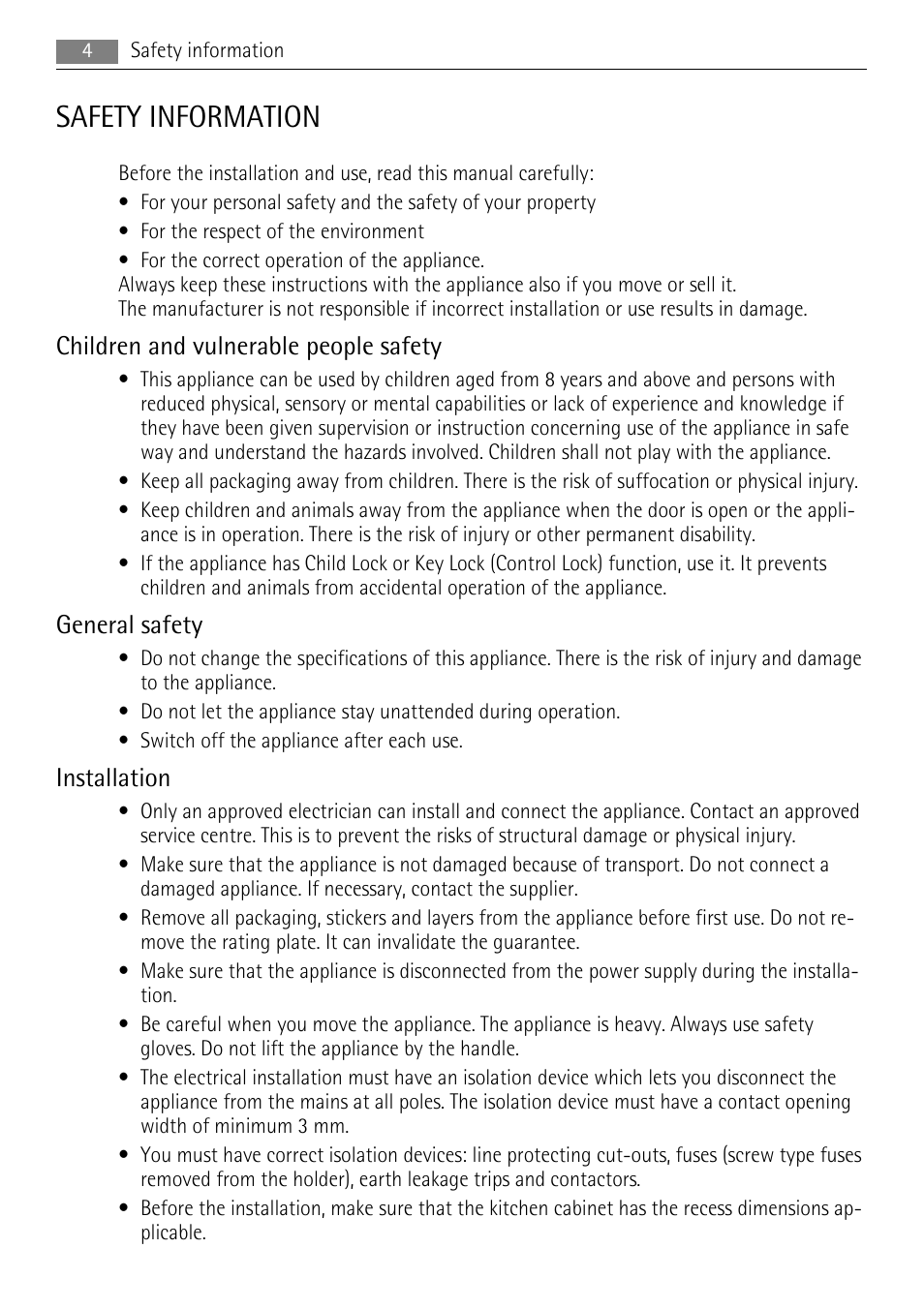 Safety information, Children and vulnerable people safety, General safety | Installation | AEG BS9304001 User Manual | Page 4 / 28
