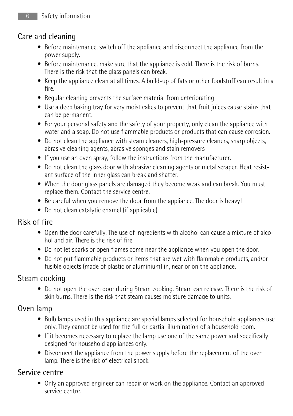 Care and cleaning, Risk of fire, Steam cooking | Oven lamp, Service centre | AEG BS9304001 User Manual | Page 6 / 28