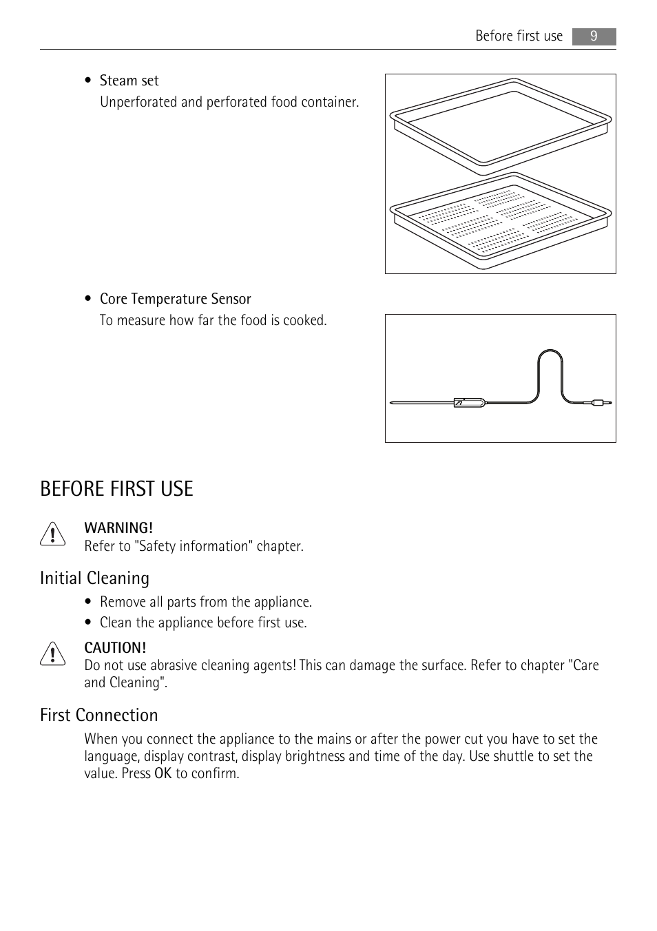 Before first use, Initial cleaning, First connection | AEG BS9304001 User Manual | Page 9 / 28