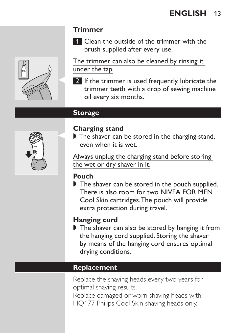 Trimmer, Charging stand, Pouch | Hanging cord, Storage, Replacement | Philips Afeitadora NIVEA FOR MEN User Manual | Page 11 / 96
