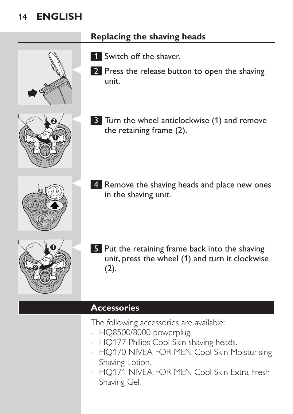 Replacing the shaving heads, Accessories, English | Philips Afeitadora NIVEA FOR MEN User Manual | Page 12 / 96