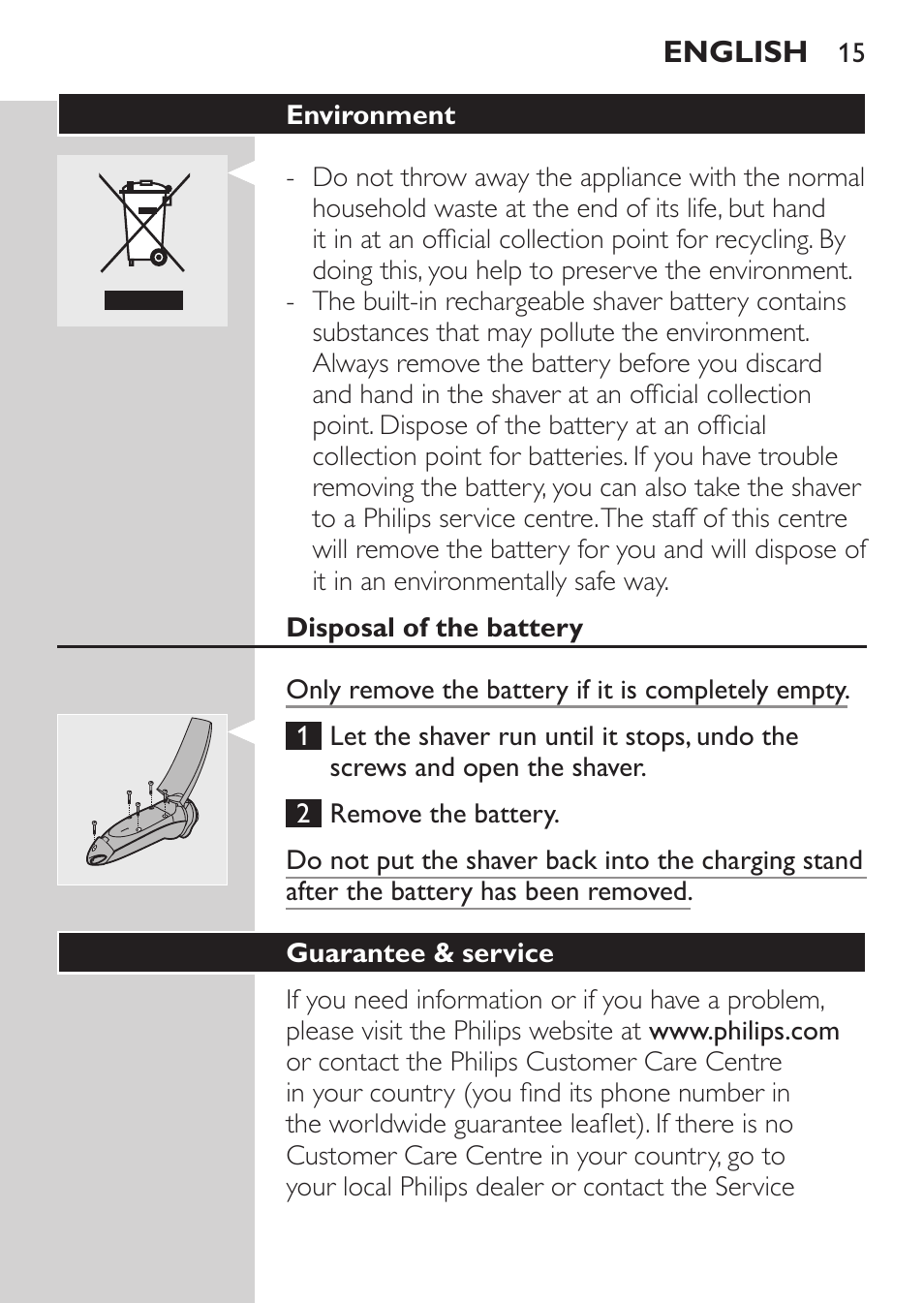 Environment, Disposal of the battery, Guarantee & service | Philips Afeitadora NIVEA FOR MEN User Manual | Page 13 / 96