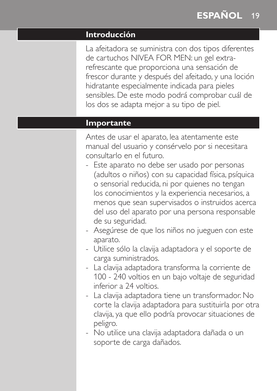 Español, Introducción, Importante | Philips Afeitadora NIVEA FOR MEN User Manual | Page 17 / 96