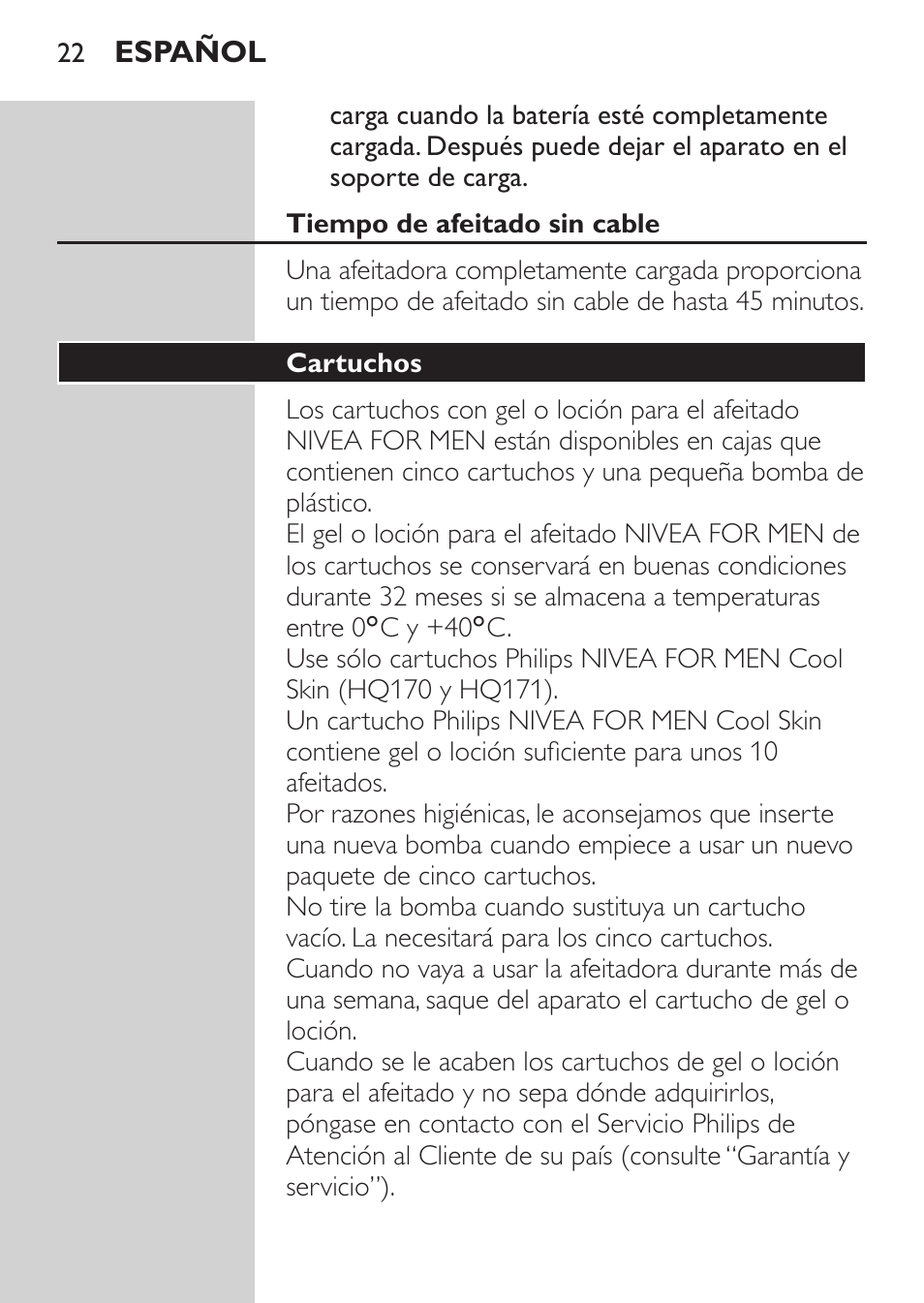 Tiempo de afeitado sin cable, Cartuchos | Philips Afeitadora NIVEA FOR MEN User Manual | Page 20 / 96