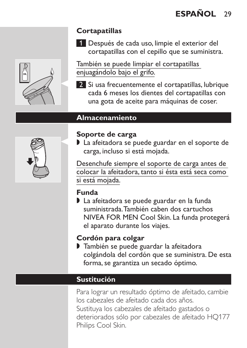 Cortapatillas, Soporte de carga, Funda | Cordón para colgar, Almacenamiento, Sustitución | Philips Afeitadora NIVEA FOR MEN User Manual | Page 27 / 96