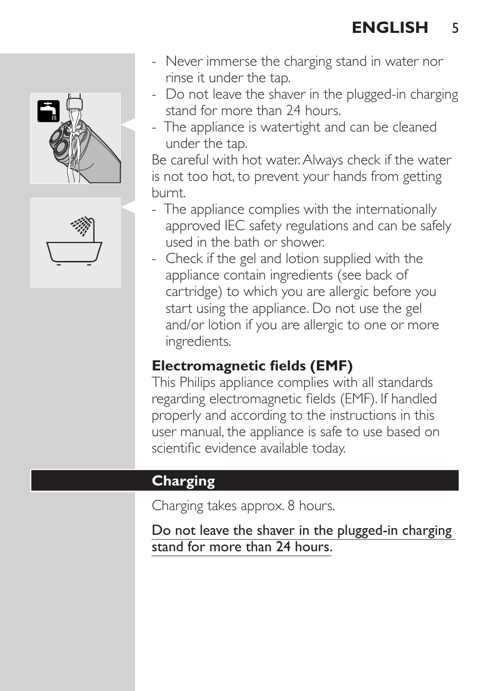 Electromagnetic fields (emf), Charging, Charge indications | Battery running low | Philips Afeitadora NIVEA FOR MEN User Manual | Page 3 / 96