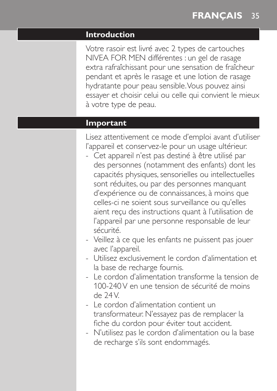 Français, Introduction, Important | Philips Afeitadora NIVEA FOR MEN User Manual | Page 33 / 96