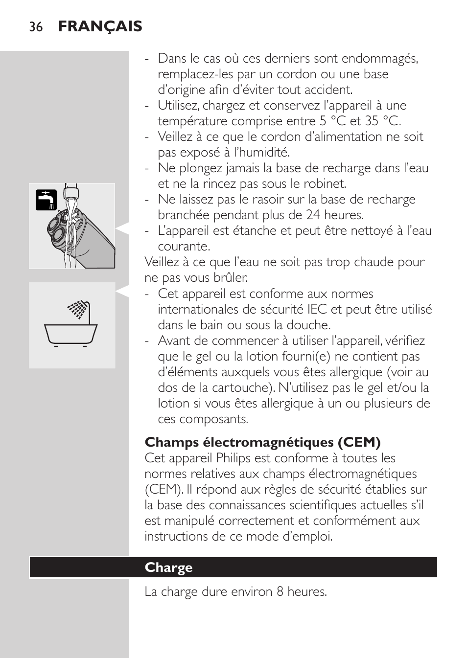 Champs électromagnétiques (cem), Charge | Philips Afeitadora NIVEA FOR MEN User Manual | Page 34 / 96