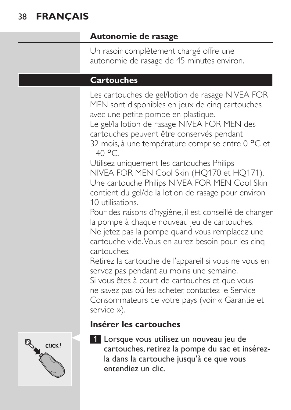 Autonomie de rasage, Insérer les cartouches, Cartouches | Philips Afeitadora NIVEA FOR MEN User Manual | Page 36 / 96