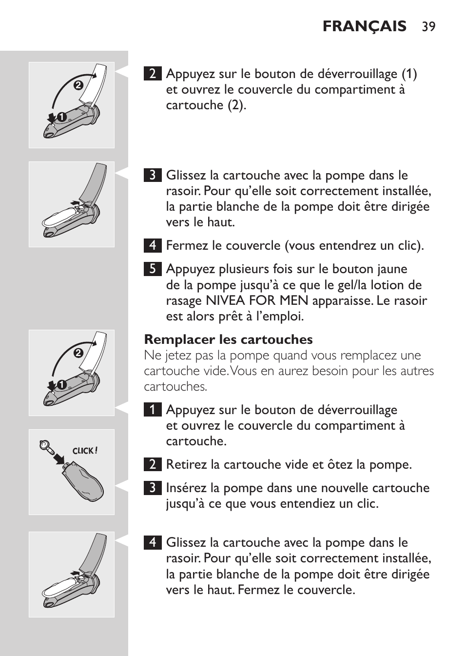 Remplacer les cartouches, Français | Philips Afeitadora NIVEA FOR MEN User Manual | Page 37 / 96