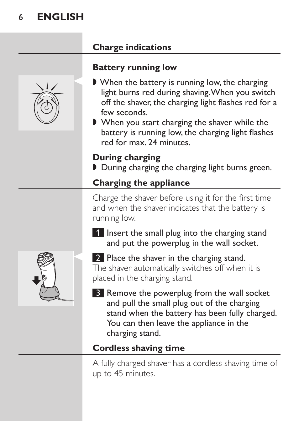 During charging, Charging the appliance, Cordless shaving time | Cartridges | Philips Afeitadora NIVEA FOR MEN User Manual | Page 4 / 96