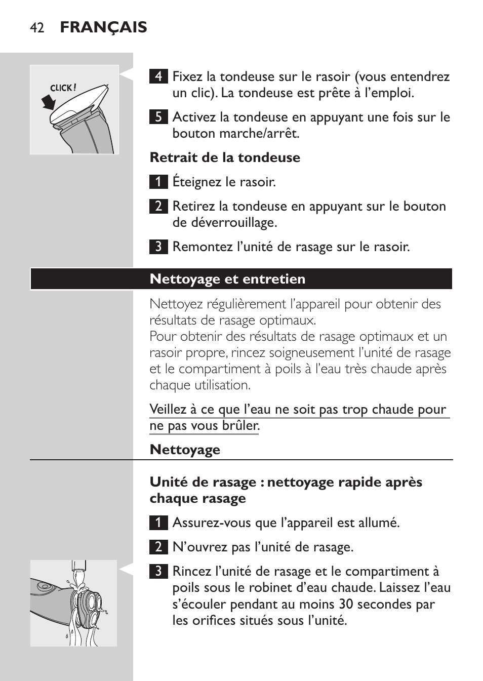 Retrait de la tondeuse, Nettoyage et entretien, Nettoyage | Philips Afeitadora NIVEA FOR MEN User Manual | Page 40 / 96