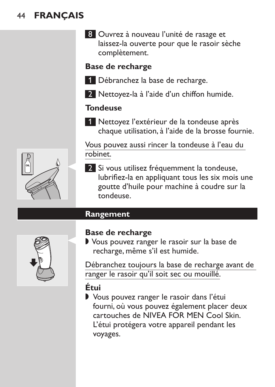 Base de recharge, Tondeuse, Étui | Rangement | Philips Afeitadora NIVEA FOR MEN User Manual | Page 42 / 96