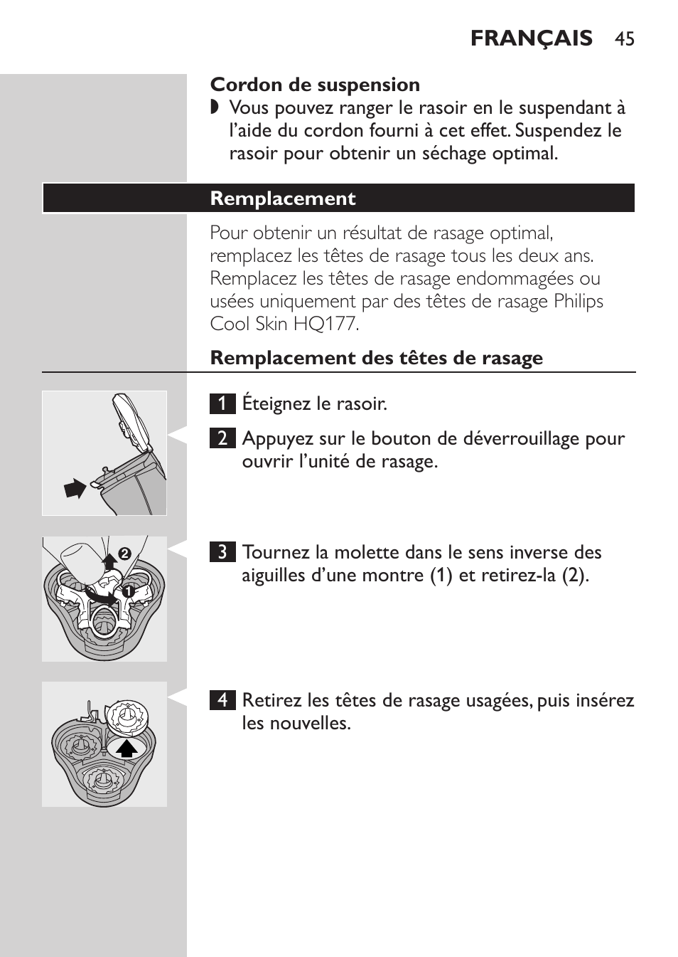 Cordon de suspension, Remplacement, Remplacement des têtes de rasage | Français | Philips Afeitadora NIVEA FOR MEN User Manual | Page 43 / 96