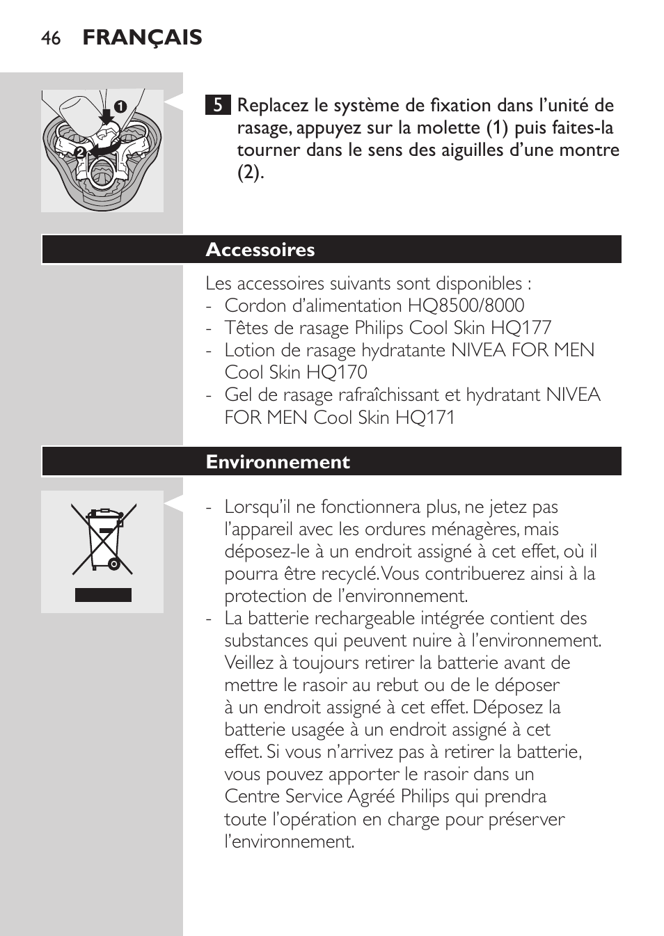 Accessoires, Environnement, Français | Philips Afeitadora NIVEA FOR MEN User Manual | Page 44 / 96