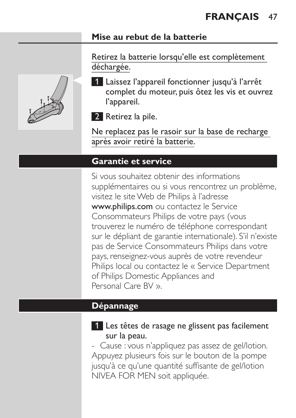 Mise au rebut de la batterie, Garantie et service, Dépannage | Philips Afeitadora NIVEA FOR MEN User Manual | Page 45 / 96