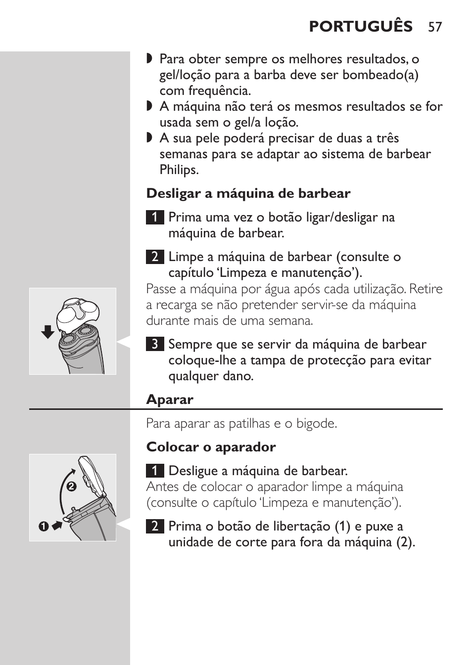 Desligar a máquina de barbear, Aparar, Colocar o aparador | Português | Philips Afeitadora NIVEA FOR MEN User Manual | Page 55 / 96