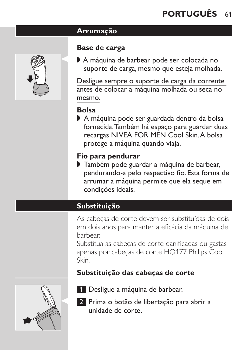 Bolsa, Fio para pendurar, Substituição | Substituição das cabeças de corte | Philips Afeitadora NIVEA FOR MEN User Manual | Page 59 / 96