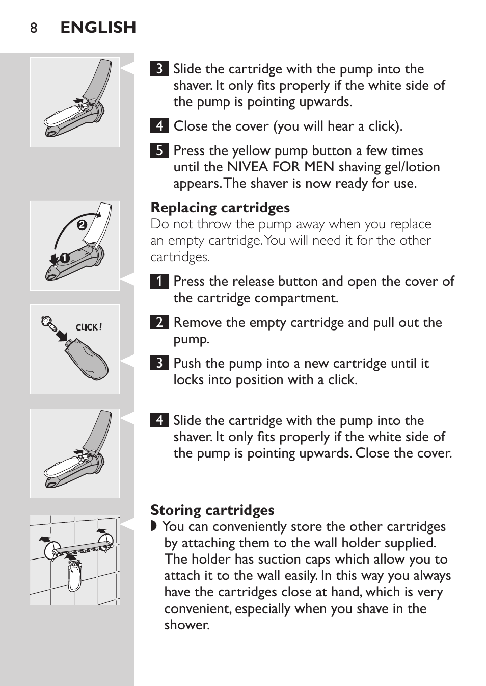 Replacing cartridges, Storing cartridges, English | Philips Afeitadora NIVEA FOR MEN User Manual | Page 6 / 96