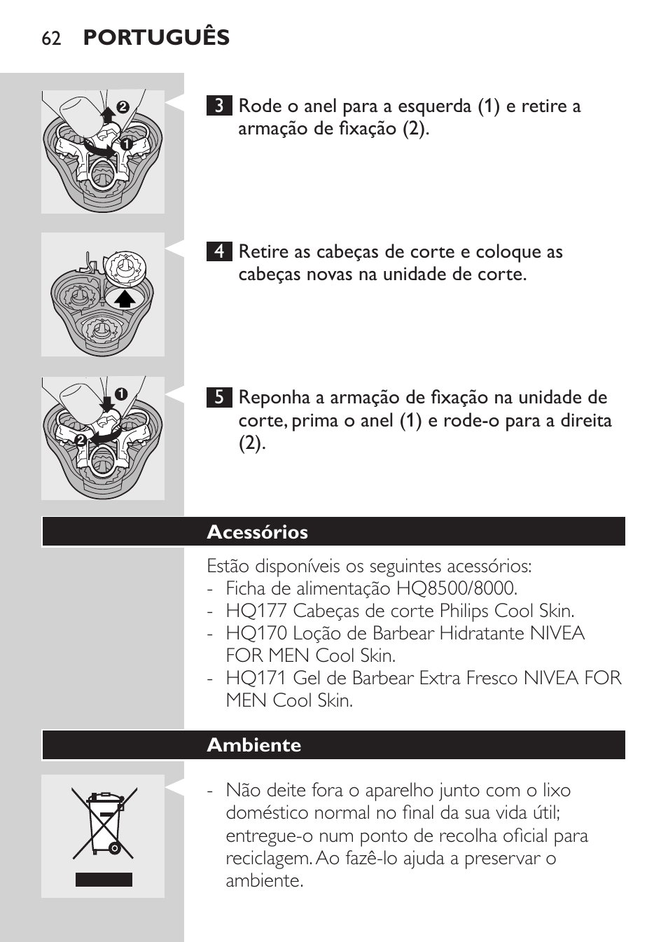 Acessórios, Português | Philips Afeitadora NIVEA FOR MEN User Manual | Page 60 / 96