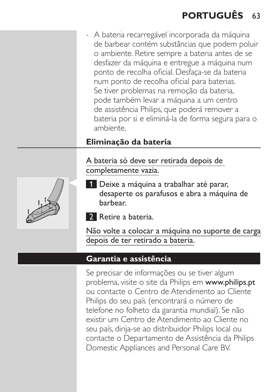 Ambiente, Eliminação da bateria, Garantia e assistência | Philips Afeitadora NIVEA FOR MEN User Manual | Page 61 / 96