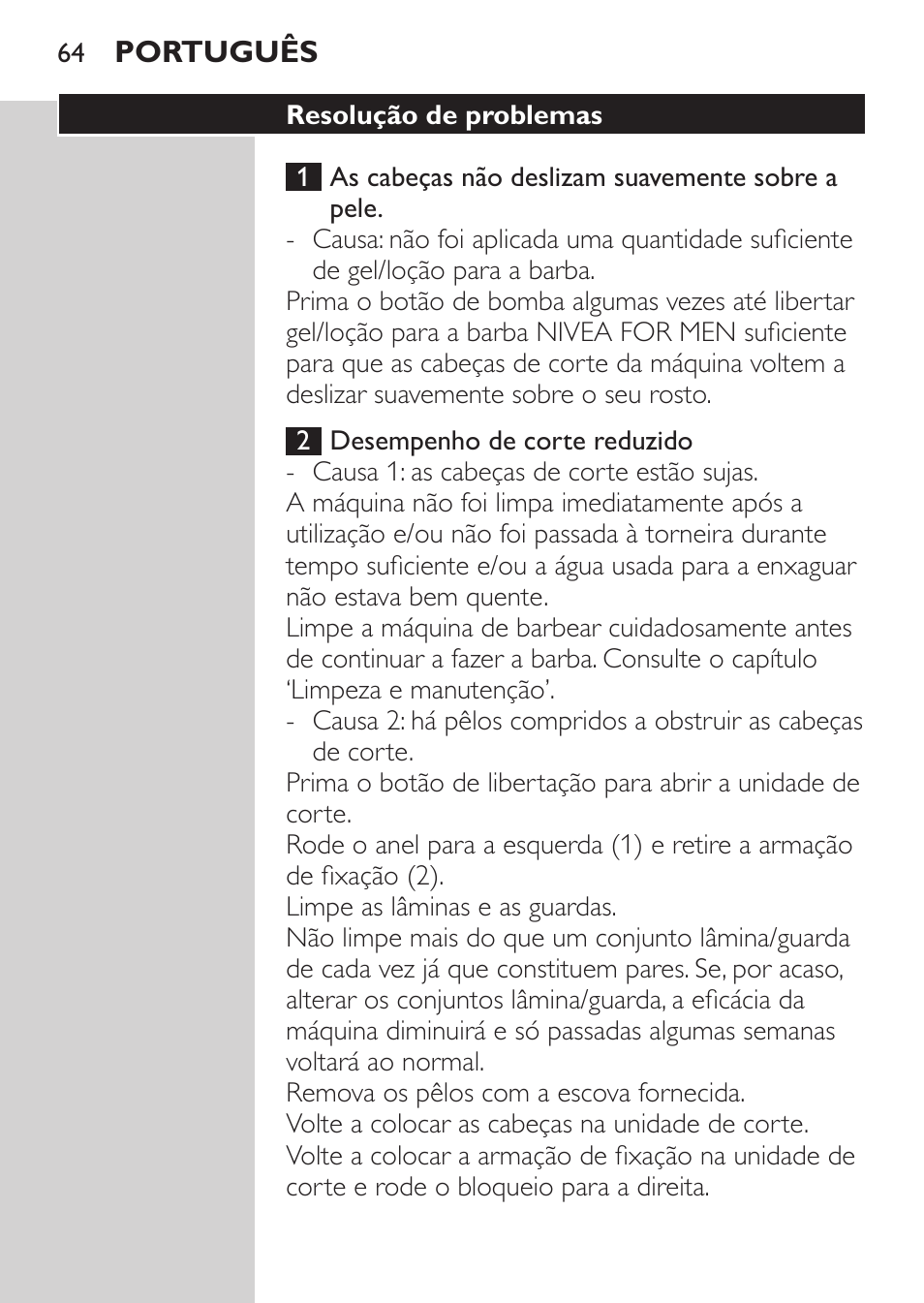 Resolução de problemas | Philips Afeitadora NIVEA FOR MEN User Manual | Page 62 / 96