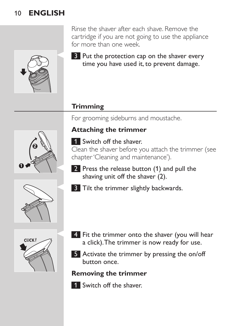 Trimming, Attaching the trimmer, Removing the trimmer | English | Philips Afeitadora NIVEA FOR MEN User Manual | Page 8 / 96