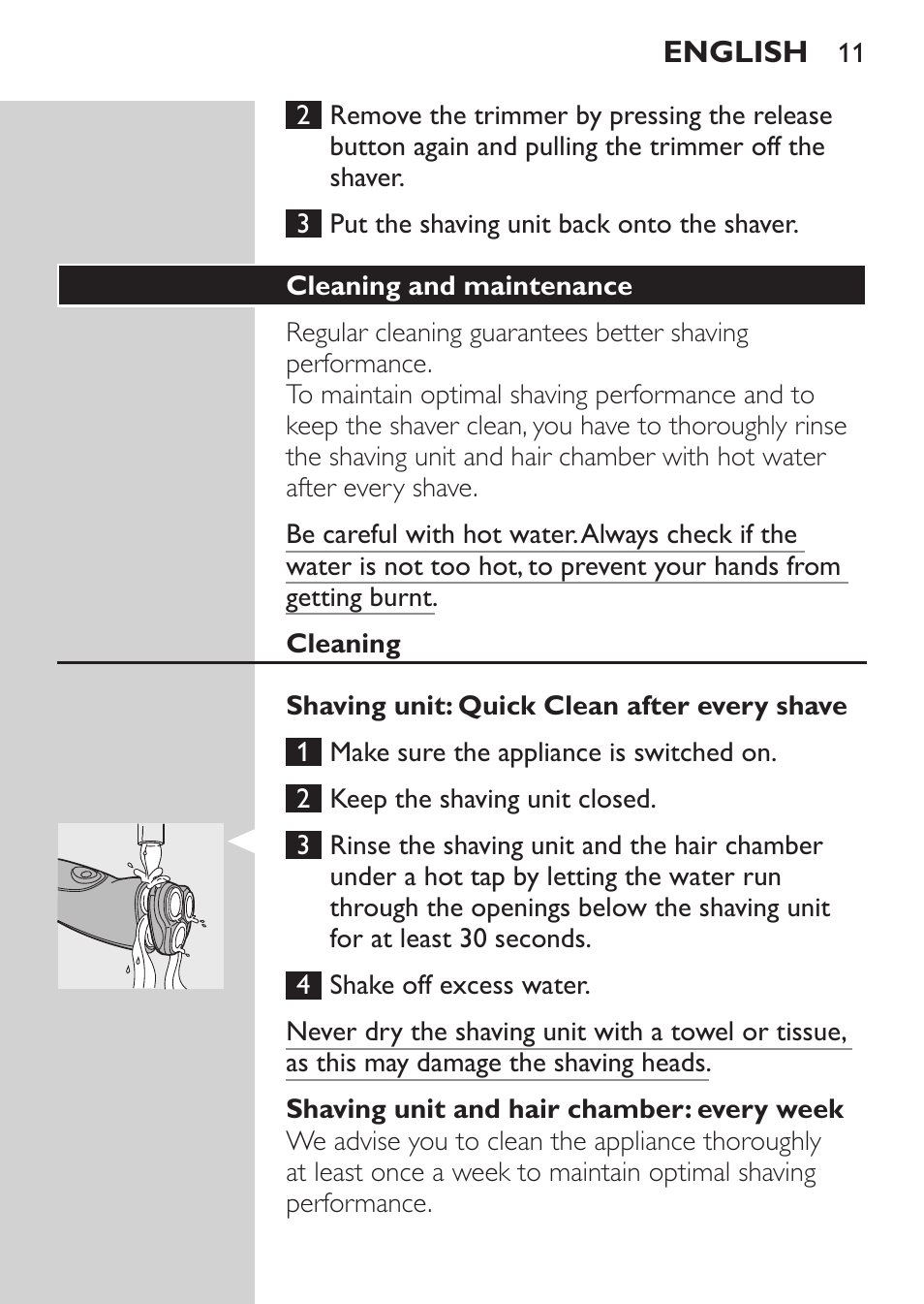 Cleaning and maintenance, Cleaning, Shaving unit: quick clean after every shave | Shaving unit and hair chamber: every week | Philips Afeitadora NIVEA FOR MEN User Manual | Page 9 / 96