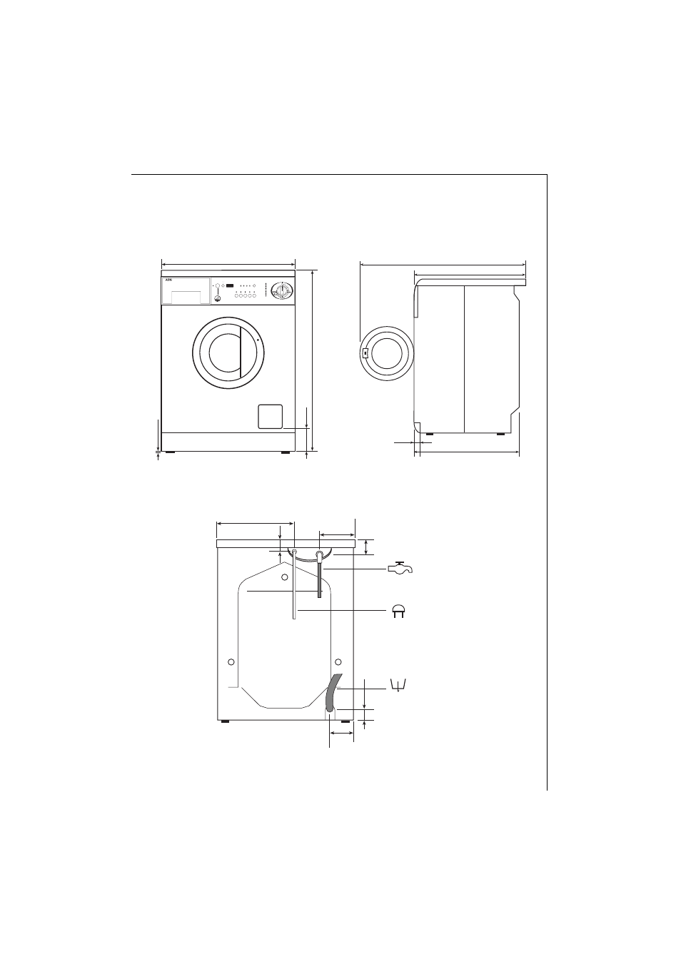Dimensions of the appliance, Front view and side view rear view | AEG LAVAMAT 135 EL User Manual | Page 39 / 43