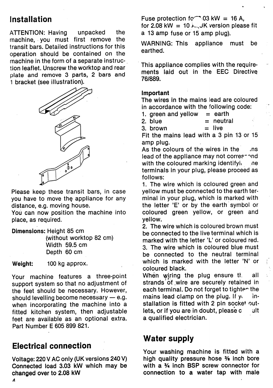 Installation, Electrical connection, Water supply | AEG LAVMAT BELLA 1003/803 User Manual | Page 4 / 16