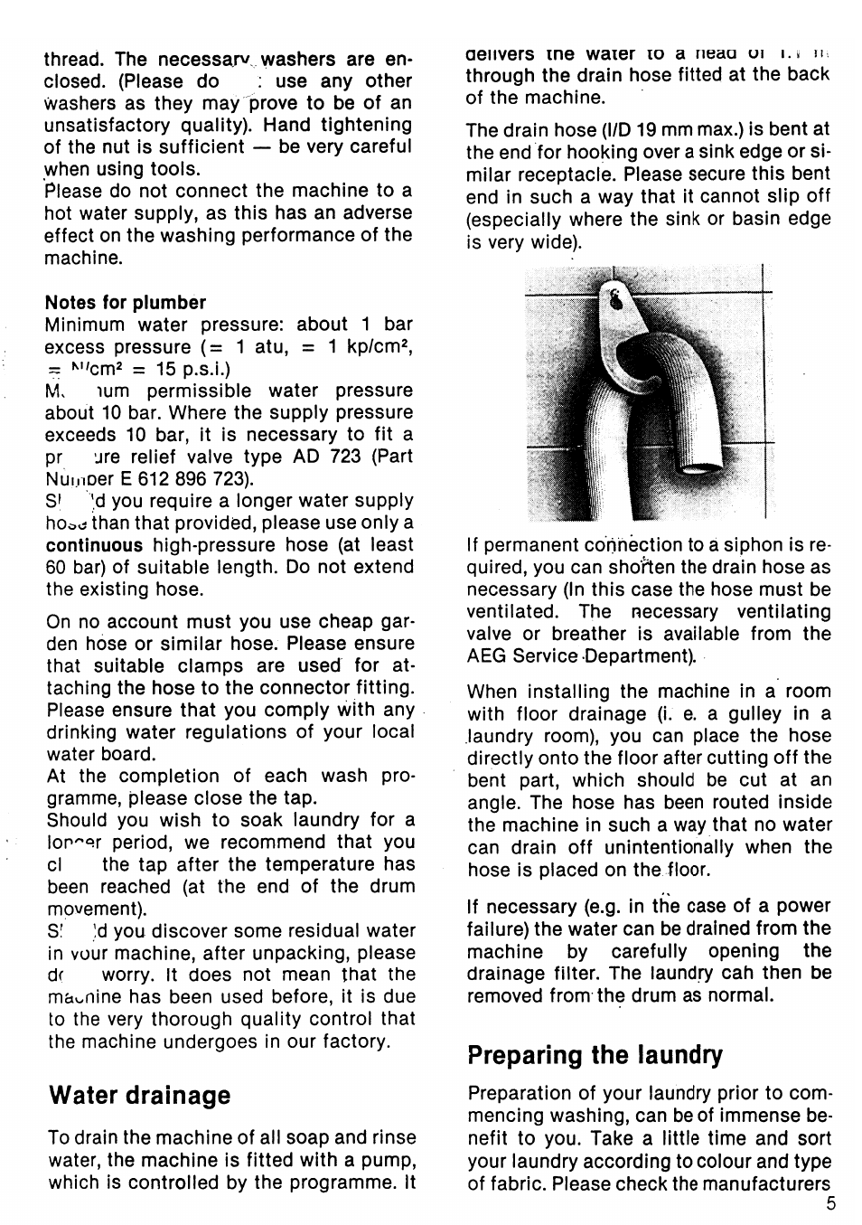 Water drainage, Preparing the laundry | AEG LAVMAT BELLA 1003/803 User Manual | Page 5 / 16