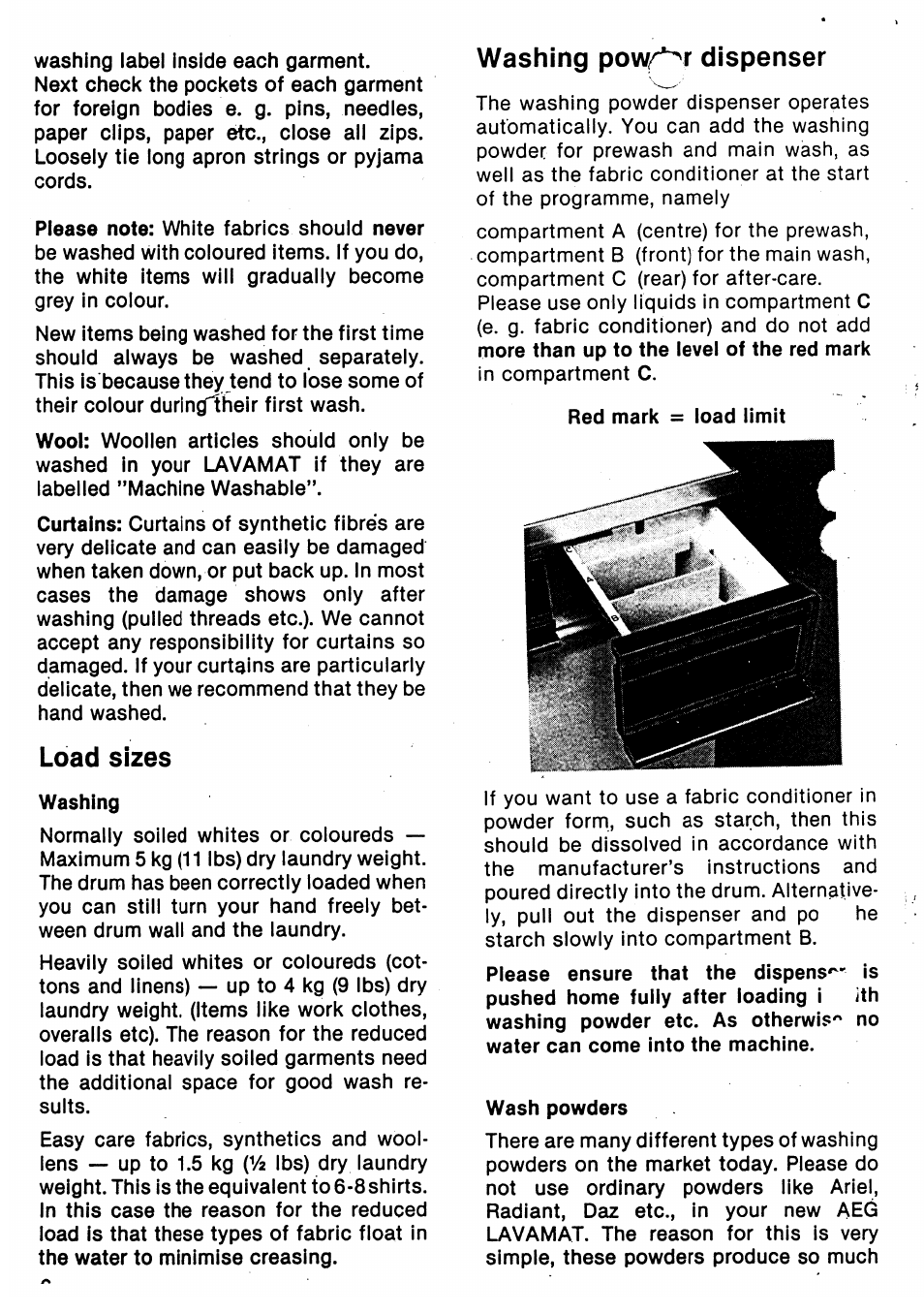 Load sizes, Washing pow^r dispenser, Washing powder dispenser | AEG LAVMAT BELLA 1003/803 User Manual | Page 6 / 16