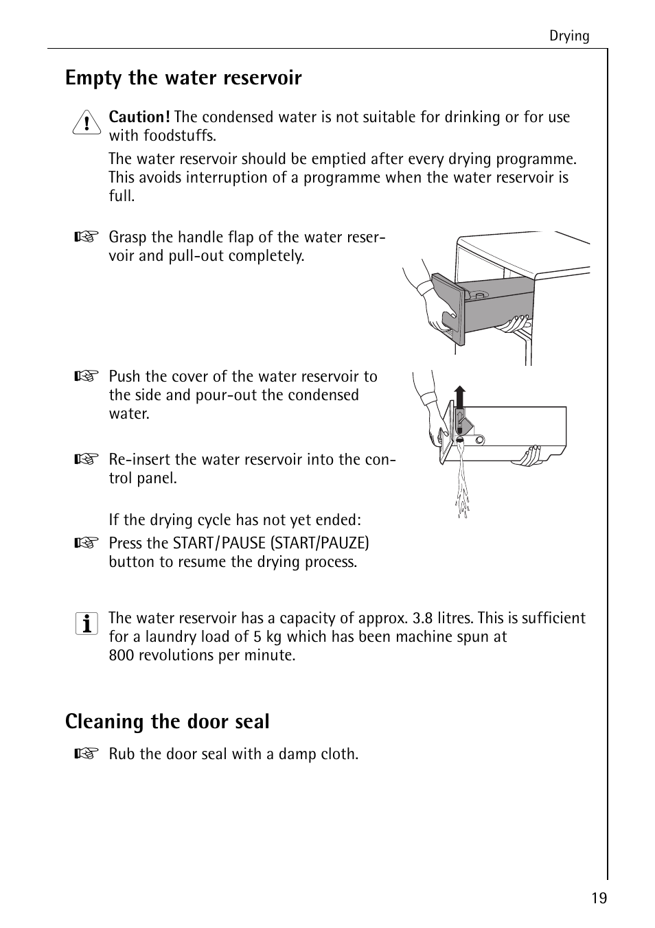 Empty the water reservoir, Cleaning the door seal | AEG LAVATHERM 57320 User Manual | Page 19 / 36