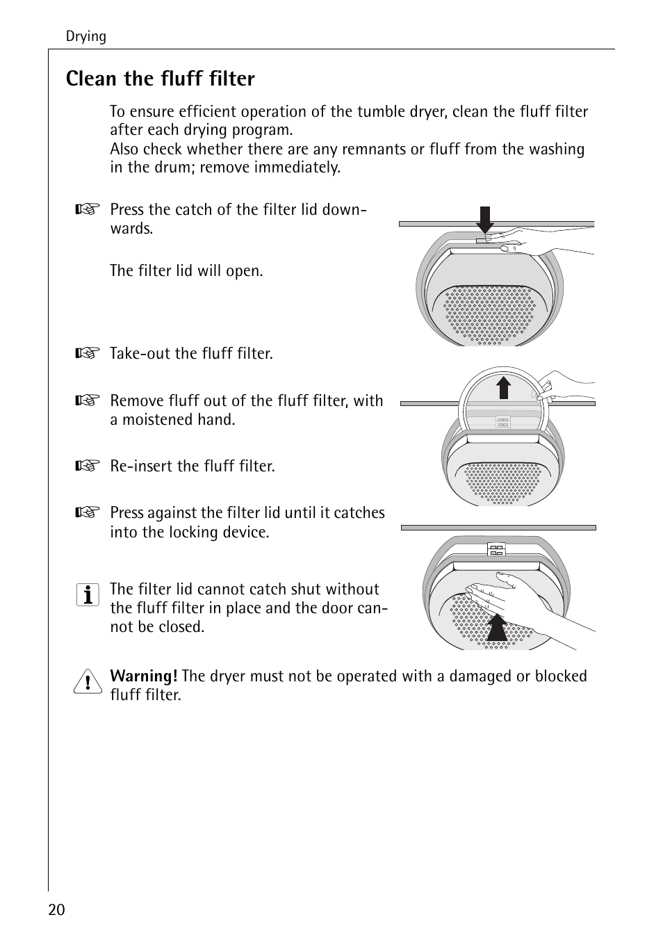 Clean the fluff filter | AEG LAVATHERM 57320 User Manual | Page 20 / 36