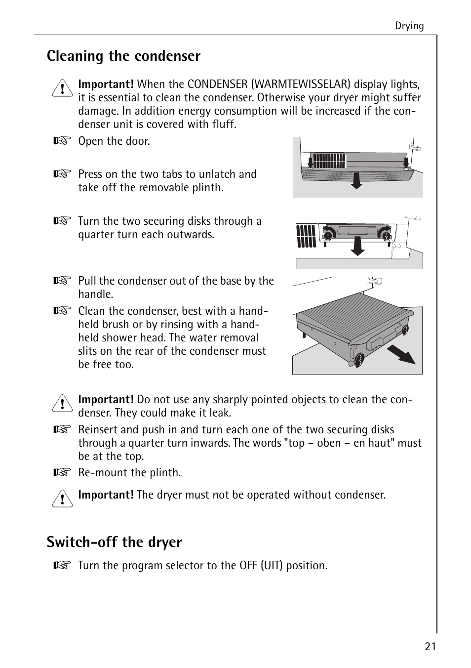 Cleaning the condenser, Switch-off the dryer | AEG LAVATHERM 57320 User Manual | Page 21 / 36