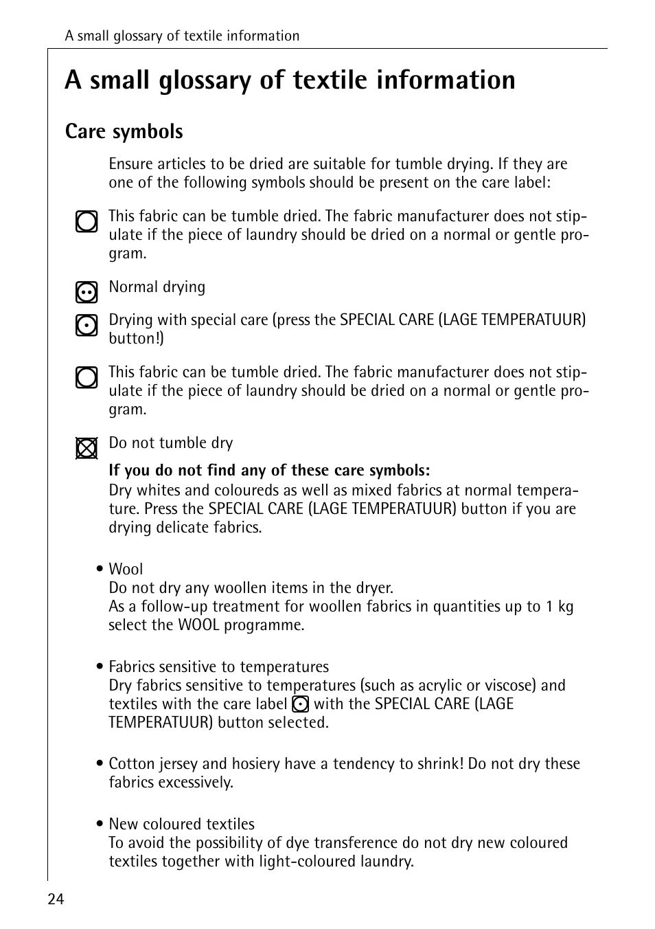 A small glossary of textile information, Care symbols | AEG LAVATHERM 57320 User Manual | Page 24 / 36