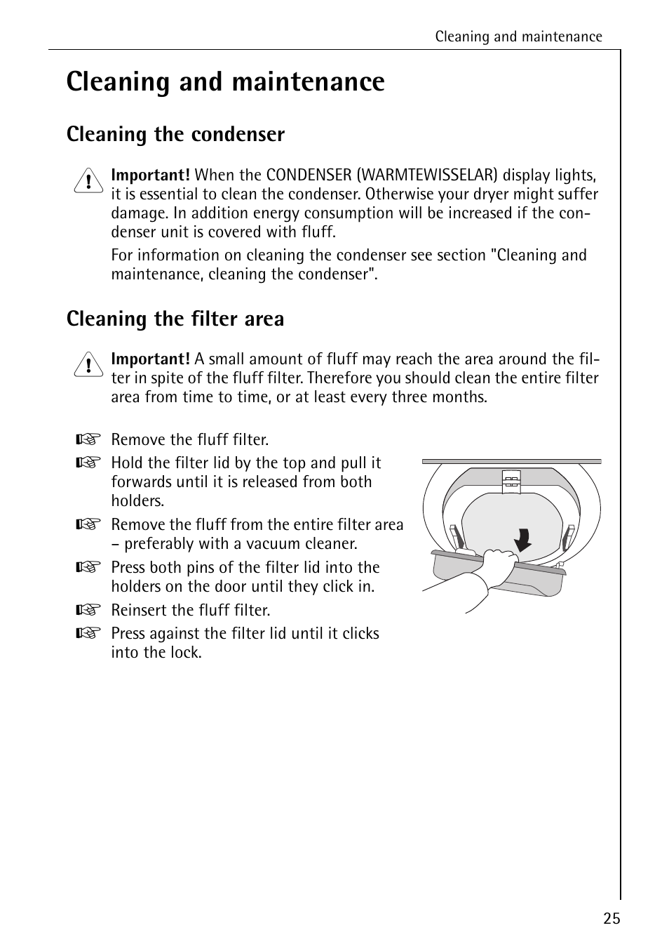 Cleaning and maintenance, Cleaning the condenser, Cleaning the filter area | AEG LAVATHERM 57320 User Manual | Page 25 / 36