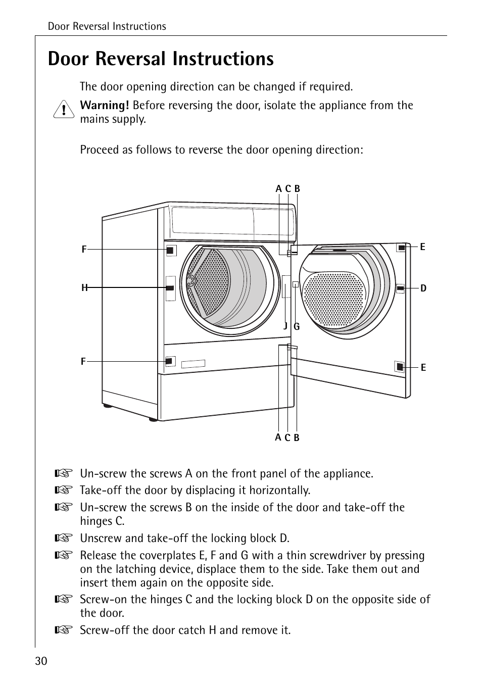 Door reversal instructions | AEG LAVATHERM 57320 User Manual | Page 30 / 36