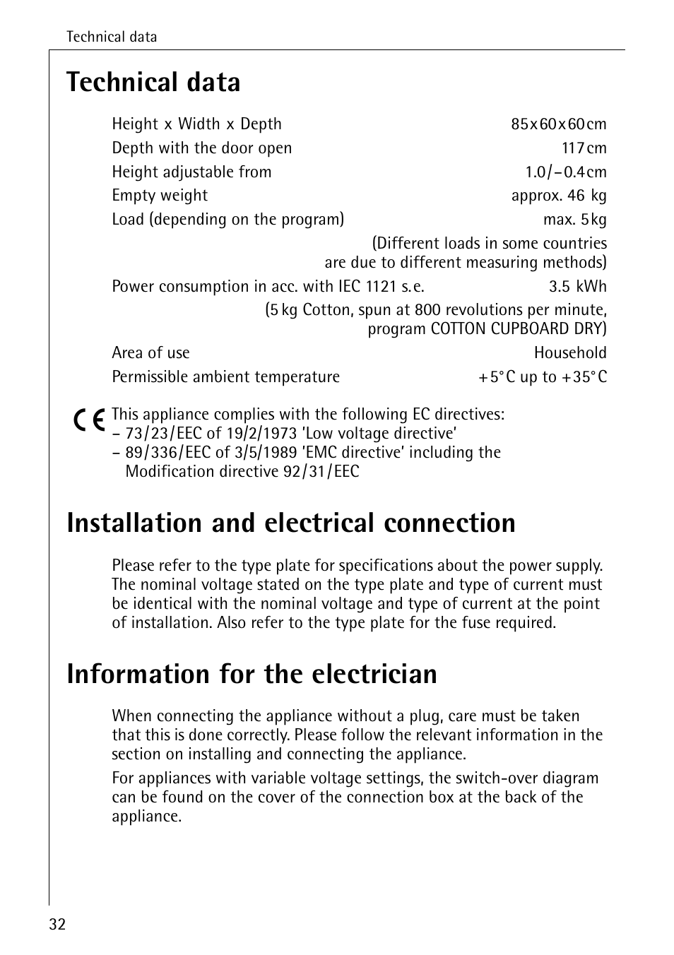 Technical data, Installation and electrical connection, Information for the electrician | AEG LAVATHERM 57320 User Manual | Page 32 / 36