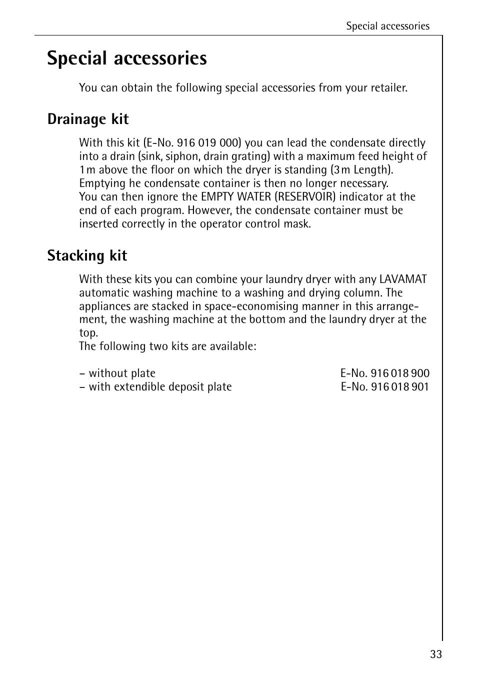 Special accessories, Drainage kit, Stacking kit | AEG LAVATHERM 57320 User Manual | Page 33 / 36