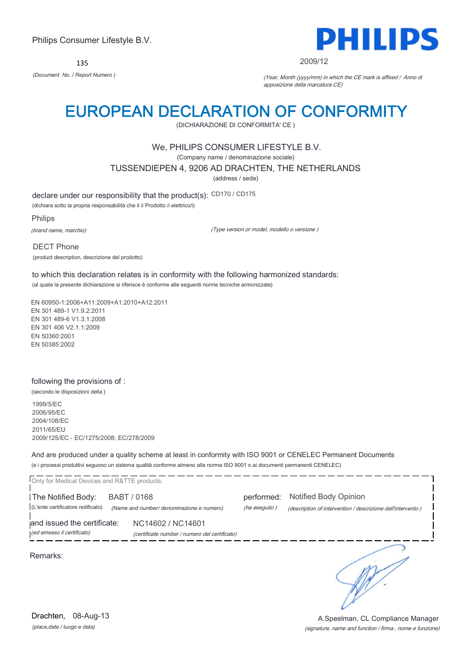 European declaration of conformity | Philips CD170 User Manual | Page 10 / 22