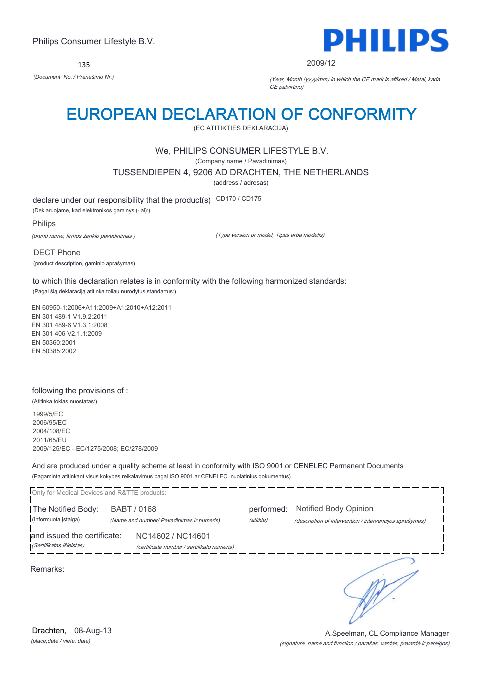 European declaration of conformity | Philips CD170 User Manual | Page 11 / 22