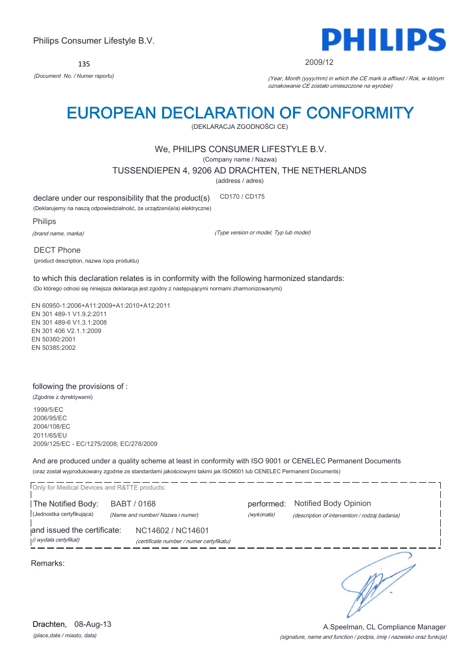 European declaration of conformity | Philips CD170 User Manual | Page 13 / 22