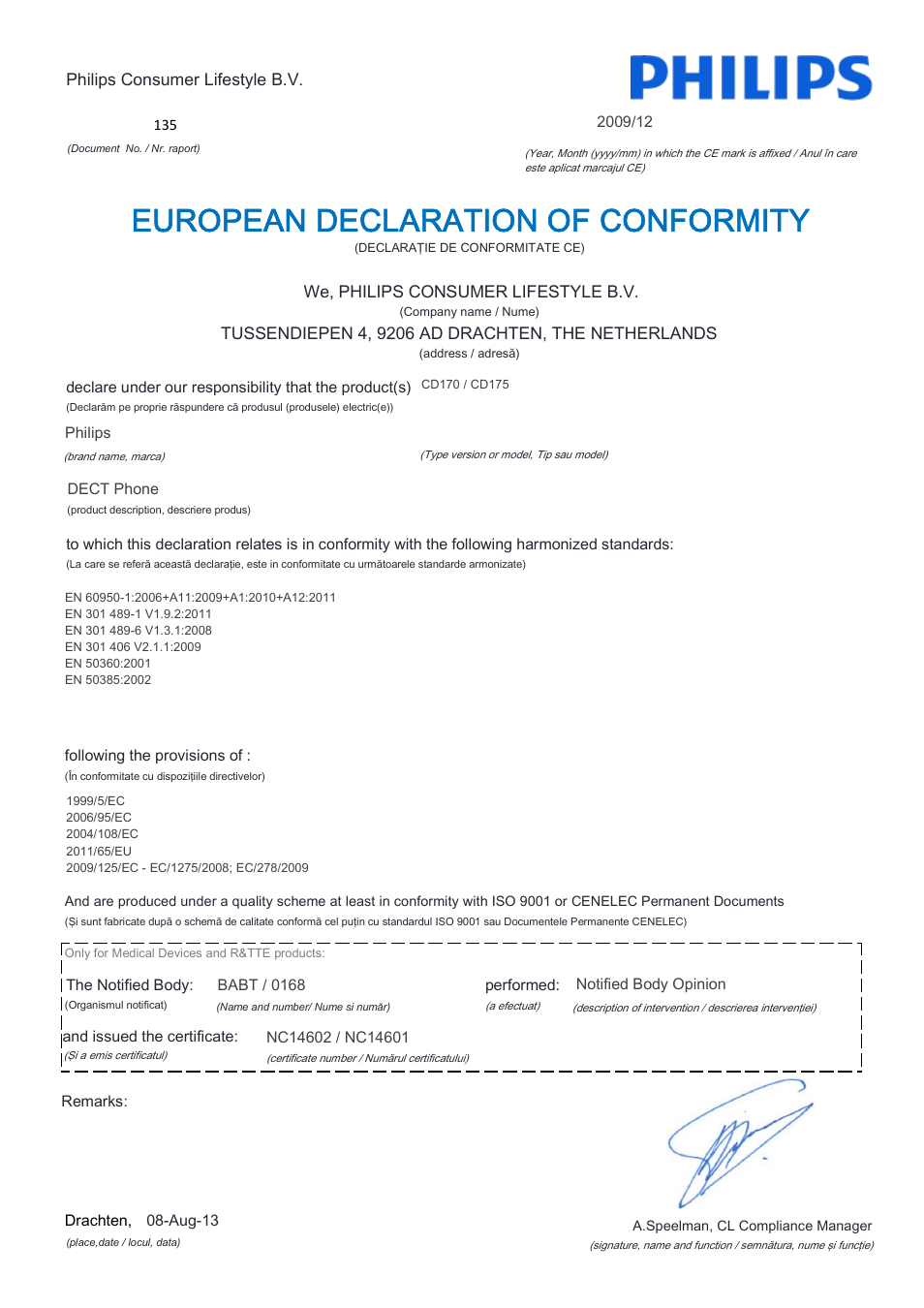 European declaration of conformity | Philips CD170 User Manual | Page 15 / 22