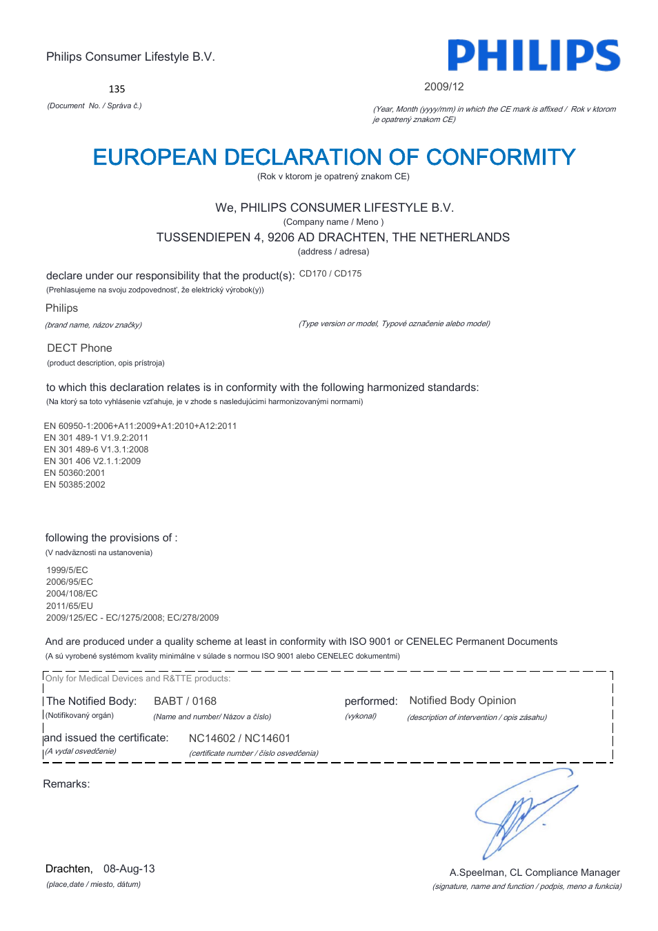 European declaration of conformity | Philips CD170 User Manual | Page 17 / 22