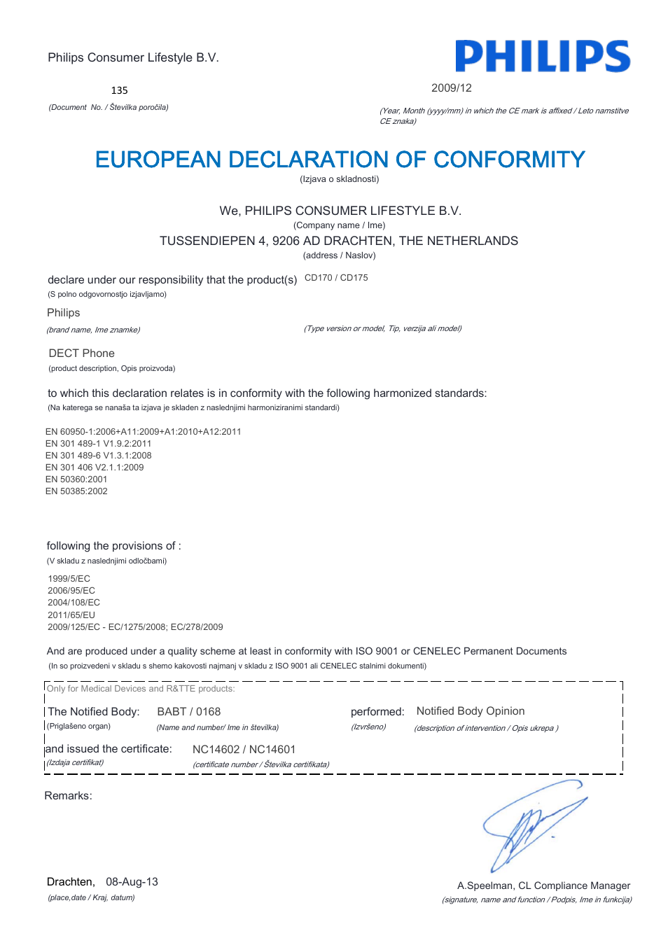 European declaration of conformity | Philips CD170 User Manual | Page 18 / 22