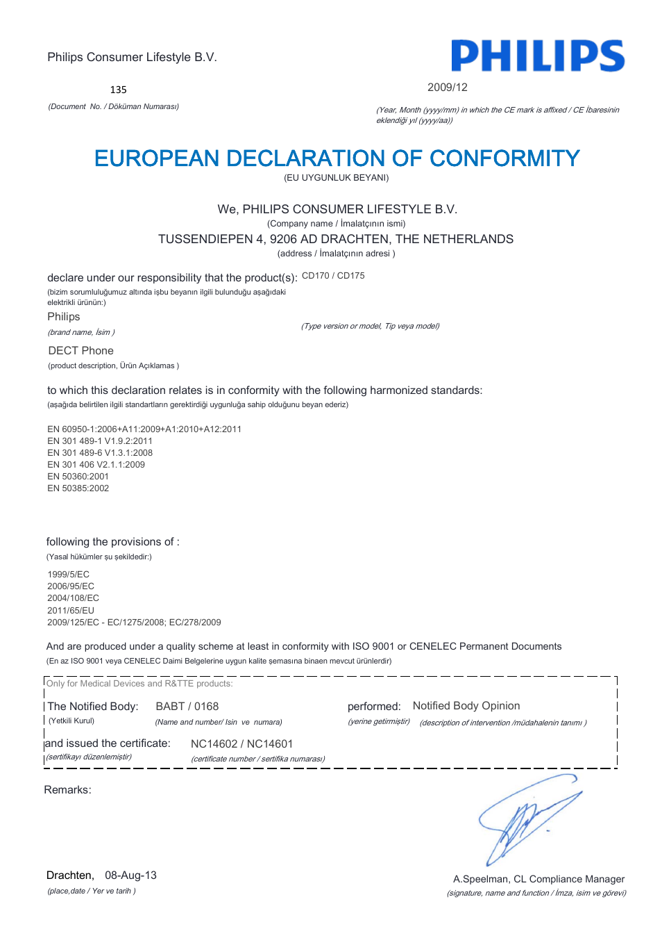 European declaration of conformity | Philips CD170 User Manual | Page 19 / 22