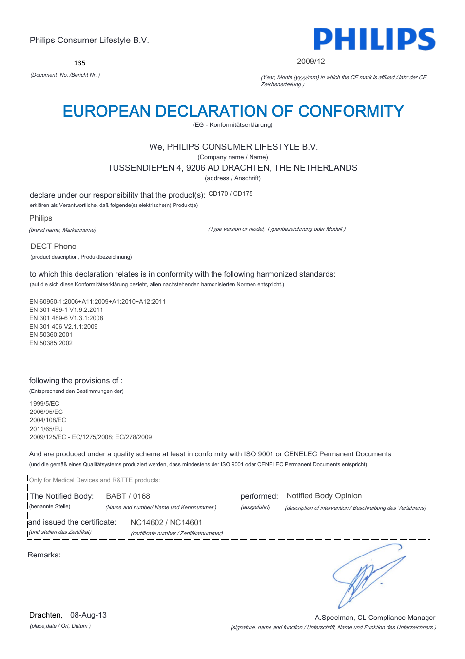 European declaration of conformity | Philips CD170 User Manual | Page 2 / 22